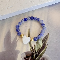 (306FM) Жонкиль матовый с лаймовой подкладкой Круглые натуральные точечные синие яшмы растягивающиеся кольца, с шарики из нержавеющей стали, сердце, 60x10 мм