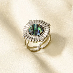 Нержавеющая Сталь Цвет 304 Открытые кольца-манжеты из нержавеющей стали с натуральными ракушками для женщин, круглые, цвет нержавеющей стали, 21 мм, внутренний диаметр: 17 мм