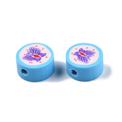Deep Sky Blue Handmade Polymer Clay Beads, Flat Round with Butterfly, Deep Sky Blue, 9~9.5x4.5~5mm, Hole: 1.5~1.8mm
