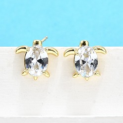 Tortoise Серьги-гвоздики из латунного микро-паве, долговечный, без свинца и без кадмия, реальный 18 k позолоченный, черепаха, 10.5x11.5 мм