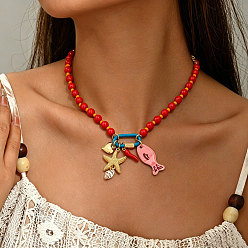 Roja Collares de verano para mujer con colgante de estrella de mar y colgante de pez de aleación esmaltada en aleación., dorado, rojo, 16.14 pulgada (41 cm)