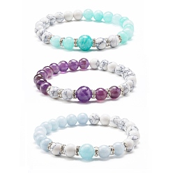 Смешанные камни Браслет из натуральных смешанных камней и синтетического говлита с круглыми бусинами, каменные украшения в подарок для нее, платина, внутренний диаметр: 2-1/4 дюйм (5.6 см)