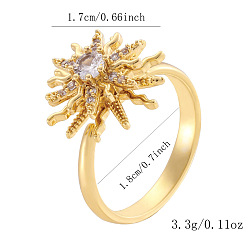 Прозрачный Латунная микропаве кубический цирконий вращающаяся манжета открытые кольца, цветок, Кольцо-спиннер для успокоения беспокойства, медитации, золотые, прозрачные, 18 мм