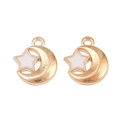 Weiß Legierung mit Emaille-Anhängern, Mond mit Sternenzauber, Licht Gold, weiß, 13.5x12x2 mm, Bohrung: 1.5 mm