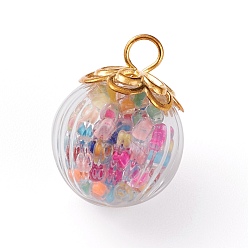 Pink Handmade Transparent Blown Glass Globe Pendants, with Glass Seed Beads inside, Alloy Bead Caps and Iron Eye Pin, Golden, Pink, 21.5x16.5mm, Hole: 3mm