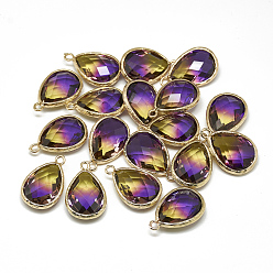 Индиго Стеклянные подвески, с фурнитурой латунной золотого тона, граненые, слеза, индиговые, 23x15x7 мм, отверстие : 1.5~2 мм