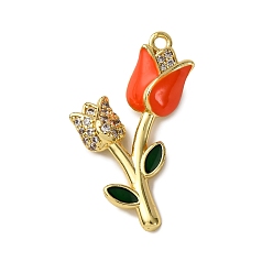 Оранжевый Латунные микро проложить кубического циркония подвески, цветок, с эмалью, долговечный, стойки покрытие, без кадмия и без свинца, реальный 18 k позолоченный, оранжевые, 25x15.5x4.5 мм, отверстие : 1.4 мм