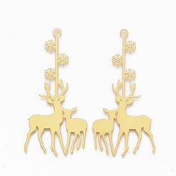Golden Brass Big Pendants, Christmas Reindeer/Stag, Golden, 67x31x0.4mm, Hole: 2mm
