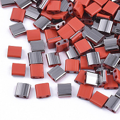 Red FGB 2-Hole Glass Seed Beads, Half Gunmetal Plated Colours, Square, Red, 5x4.5~5.5x2~2.5mm, Hole: 0.5~0.8mm, about 1180pcs/bag