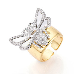 Real Gold Plated & Real Platinum Plated Латунные микропаве кубические цирконии регулируемые открытые манжеты кольца для женщин, Пчелы, с оболочкой, без кадмия и без свинца, настоящее золото и платина, регулируемый, 21x27 мм