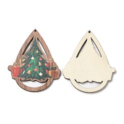 Green Single Face Christmas Printed Wood Big Pendants, Teardrop Charms with Christmas Tree, Green, 54x44.5x2.5mm, Hole: 1.8mm