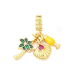 Настоящее золото 18K Латунные подвески-шармы с камелией и кубическим цирконием, с зеленой и желтой эмалью, Подвески с большими отверстиями, без кадмия и без свинца, кокосовая пальма, скорлупа и бокал для вина, реальный 18 k позолоченный, 31.5 мм, отверстие : 4.5 мм