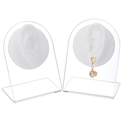 White 2Pcs 2 Styles Soft Silicone Ear Displays Mould, Earrings Ear Stud Display Teaching Tools for Piercing Suture Acupuncture Practice, with 2Pcs Acrylic Display Pedestals, White, 63~63.5x26mm, 1pc/style