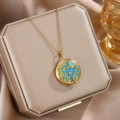 Flat Round 304 Stainless Steel Enamel Photo Locket Pendant Necklaces for Women, Golden, Deep Sky Blue, Flat Round, 17.72 inch(45cm), Pendant: 33.5x32mm