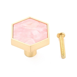 Pink Hexagon with Marble Pattern Brass Box Handles & Knobs, with Resin Cabochons and Iron Screws, Matte Gold Color, Pink, 29.5x34x24.5mm, Hole: 3.5mm
