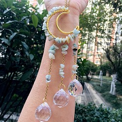 Flower Amazonite Металлические подвески со стеклянными украшениями, с цветком амазонитового чипа, луна и слеза, 210~230 мм