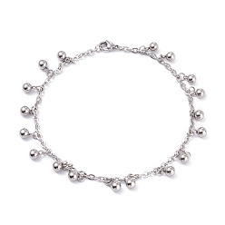 Stainless Steel Color Tarnish Resistant 304 Stainless Steel Charm Anklets, with Cable Chains, Round Ball, Stainless Steel Color, 10 inch(25.3cm)