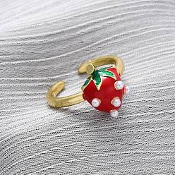 Клубника Латунные эмалевые открытые манжеты для женщин, с пластмассовой жемчужиной abs, стойки покрытие, прочное покрытие, без кадмия и без свинца, реальный 18 k позолоченный, клубника, 14x10 мм, размер США 7 1/4 (17.5 мм)