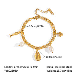 Shell Shape Летний пляж 304 Браслеты с подвесками из нержавеющей стали и натурального жемчуга для женщин, золотые, формы раковины, 6-3/4 дюйм (17 см)