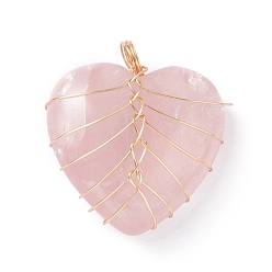 Rose Quartz Natural Rose Quartz Pendants, with Real 18K Gold Plated Eco-Friendly Copper Wire, Heart, 34x30.5x17mm, Hole: 5.5mm