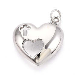 Платина Латунные подвески, без кадмия и без свинца, сердце с крестом, с целью перехода в кольце, платина, 21x18x5 мм, отверстие : 3.5 мм