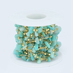 Golden Natural Amazonite Handmade Beaded Chains, Soldered, with Spool, with Eco-Friendly Brass Findings, Long-Lasting Plated, Nuggets, Golden, 5~15x4~8mm
