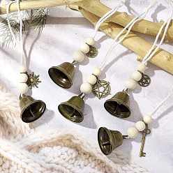 Mixed Shapes Железный колокольчик подвесные украшения, Подвеска из круглой бусины из дерева и макраме из хлопкового шнура и сплава для украшения стены дома, двери, разнообразные, 195~200 мм, подвеска: 20~46x15~27x1~2 мм.
