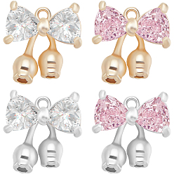 Real Gold Plated & Real Platinum Plated 8шт 4 стили латунные подвески с покрытием стойки, со стеклом, бантом прелести, настоящее золото и платина, 14x13x4 мм, отверстие : 1.4 мм, 2 шт / стиль