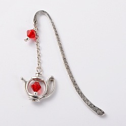 Rot Tibetischen Stil Lesezeichen / Haarnadeln, mit tibetischen Stil Wasserkocher Glasperlen Zubehör, Antik Silber Farbe, rot, 84x13x2 mm