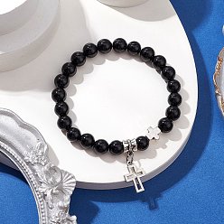 Обсидиан Браслеты из натуральных круглых бусин обсидиана, Браслеты-кресты из сплава в тибетском стиле для женщин и мужчин, внутренний диаметр: 2-1/4 дюйм (5.7 см)