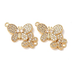 Chapado en Oro Real 18K Dijes de conector de zirconia cúbica transparente con micro pavé de latón, enlaces de mariposa doble, chapado en rack, larga duración plateado, sin plomo y cadmio, real 18 k chapado en oro, 20x25x3 mm, agujero: 1.8 mm