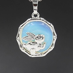 Опал Opalite подвески, плоская круглая форма из латуни платинового цвета с подвесками в виде кролика, 25x10 мм