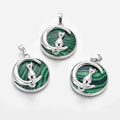 Малахит Кулоны для котят из синтетического малахита, с латунной фурнитурой платинового цвета, плоский круглый с формой кота и полумесяца, 32x28x9 мм, отверстие : 5x7 мм