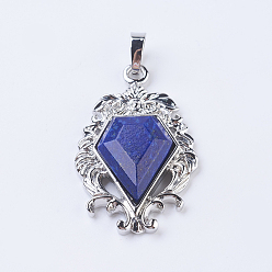 Lapis Lazuli Natural Lapis Lazuli Pendants, with Brass Findings, Flower with Diamond Shape, Platinum, 41.5x26x7.5~8mm, Hole: 5x7.5~8mm