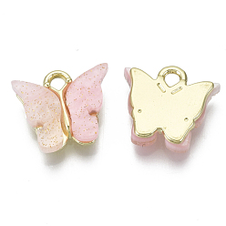 Pink Подвески из сплава , со смолой и порошком блеска, без кадмия и без свинца, бабочка, золотые, розовые, 13x13~15x3.5 мм, отверстие : 2 мм