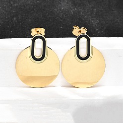 Черный 304 из нержавеющей стали серьги, плоско-круглые, чёрные, 25x20 мм