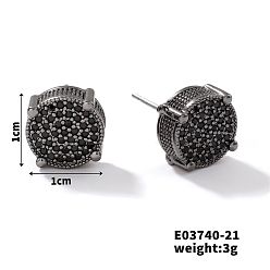 Черный Шикарные серьги-гвоздики из латуни с кубическим цирконием, модные и универсальные аксессуары, плоско-круглые, чёрные, 10x10 мм