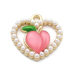 Ярко-Розовый Подвески из сплава , с лэмпворком и искусственным жемчугом, сердце с персиковыми подвесками, ярко-розовый, 16x16.5x4.5 мм, отверстие : 1.6 мм