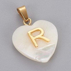 Letter R Shell Anhänger, mit 304 Edelstahl Zubehör, Herz mit Brief, golden, Buchstabe r, 23.5x20x7 mm, Bohrung: 3.5x7 mm
