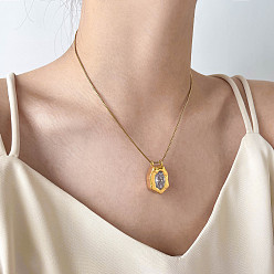 Rectangle 304 Stainless Steel Pave Clear Cubic Zirconia Geometric Pendant Necklaces for Women, Golden, Rectangle, 17.72 inch(45cm)