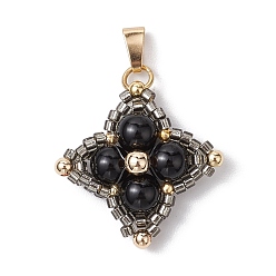 Black Onyx Подвески из натурального черного оникса (окрашенного и нагретого) и стеклянных бусин, подвески-звезды 304 с защелками из нержавеющей стали, золотые, 25x25x6 мм, отверстие : 6.5x3 мм
