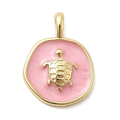 Pink Латунь эмаль подвески, плоские круглые с черепахой, стойки покрытие, долговечный, без кадмия и без свинца, реальный 18 k позолоченный, с блеском порошок, розовые, 18.5x13.5x2.5 мм, отверстие : 4x2 мм