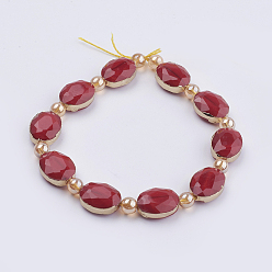 Crimson Opaque Glass Beads Strands, with Brass Findings, Faceted, Oval, Golden, Crimson, 12x16x7.5mm, Hole: 1mm, about 10pcs/strand, 8.2 inch (21cm)