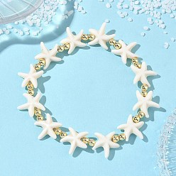 Золотой Браслеты из синтетической бирюзы и немагнитных гематитовых бусин, эластичные, для женщин и мужчин., морская звезда, белые, золотые, внутренний диаметр: 2.01 дюйм (5.1 см)