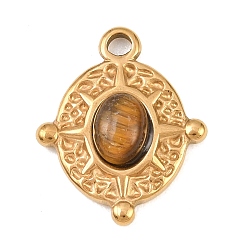 Золотой Природных тигровый глаз подвески, Овальные подвески с 304 оправами из нержавеющей стали, ионное покрытие (ip), золотые, 22.5x18.5x5.5 мм, отверстие : 2.8 мм