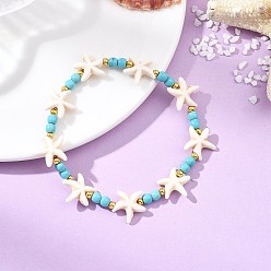 Blanc Floral Bracelets extensibles en perles de turquoise synthétique et laiton pour femmes et hommes, étoiles de mer, teint, floral blanc, diamètre intérieur: 2.20 pouce (5.6 cm)