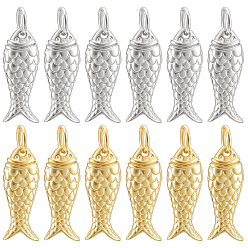 Platinum & Golden 12Pcs 2 Colors Rack Plating Brass Pendants, Fish Charms, Long-Lasting Plated, Cadmium Free & Lead Free, with Jump Rings, Platinum & Golden, 17.5x7x3mm, Hole: 3mm, 6pcs/color 