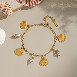 Настоящее золото 18K 304 Браслеты из нержавеющей стали с подвесками для женщин, ионное покрытие (IP), форма раковины и ракушки, без кадмия, без никеля и без свинца, реальный 18 k позолоченный, 6-7/8 дюйм (17.5 см)