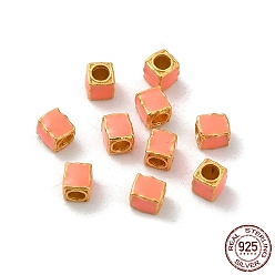 Pink Couleur or mat 925 perles en argent sterling, avec l'émail, carrée, rose, 3x2.5x2.5mm, Trou: 1.4mm
