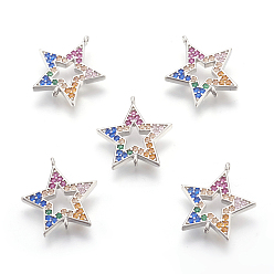 Платинированный Латунные микро проложить кубических ссылки циркония, без свинца, без кадмии и без никеля, звезда, полый, красочный, Реальная платина, 14.5x15x1.5 мм, отверстие : 0.8 мм